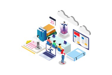 Öğrenciler webinar eğitimi alarak ve Hologramlı iş adamlarını dinleyerek e-öğreniyorlar. Webinar, çevrimiçi video eğitimi, Diyagramlar, Bilgi Grafikleri, Oyun Varlığı ve Diğer Grafiksel Varlıklar İçin Uygun