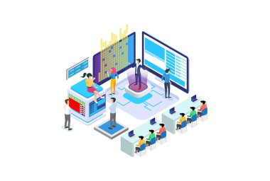 Modern Teknoloji Isometric Smart Online Webinar Eğitim Teknolojisi Beyazlar Arkaplanı İnsanlarla ve Dijital Kaynaklarla Ayrı Tutulmuş