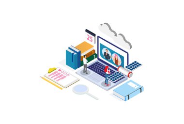 Modern Isometric Smart Çevrimiçi Öğrenme Teknolojisi Resimleri Beyazlar Arkaplanı İnsanlarla ve Dijital Varlıkla İlgili Varlıkla İzole Edildi
