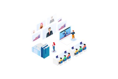 Modern Teknoloji Isometric Smart Online Webinar Eğitim Teknolojisi Beyazlar Arkaplanı İnsanlarla ve Dijital Kaynaklarla Ayrı Tutulmuş