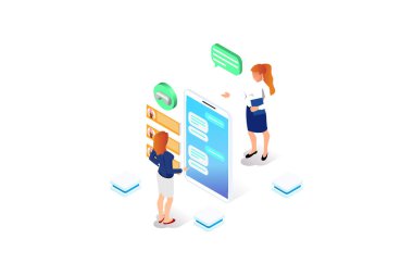 İzometrik illüstrasyon e-dükkanın 3D ürünü. Dükkanda her zaman ulaşılabilir bir yardım. Site veya merkez için saat illüstrasyonu. Karakterli müşteri destek konseptinin Isometric resimleri. Vektör illüstrasyonu.