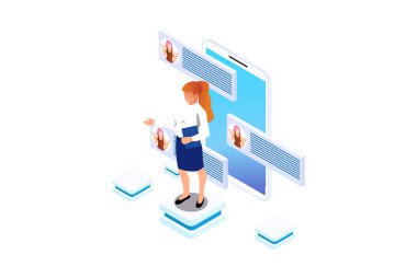 E-dükkan ürünü. Dükkanda her zaman ulaşılabilir bir yardım. Site veya merkez için saat illüstrasyonu. Karakterli müşteri destek konseptinin Isometric resimleri. Vektör illüstrasyonu.