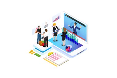 Modern izometrik grafik analizi ve çevrimiçi veri işleme. Diagramlar, Infographics, Oyun Varlığı ve Diğer Grafiksel Kaynaklar için uygun çevrimiçi tabanlı vektör illüstrasyonu