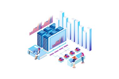 Modern izometrik grafik analizi ve çevrimiçi veri işleme. Diagramlar, Infographics, Oyun Varlığı ve Diğer Grafiksel Kaynaklar için uygun çevrimiçi tabanlı vektör illüstrasyonu