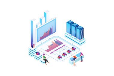 Modern izometrik grafik analizi ve çevrimiçi veri işleme. Diagramlar, Infographics, Oyun Varlığı ve Diğer Grafiksel Kaynaklar için uygun çevrimiçi tabanlı vektör illüstrasyonu