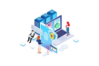 Modern Isometric Online yöneticisi, web sunucu konsepti. Teknisyen tamir yazılımı. Donanım koruma paylaşım bilgileri. Güvenli sunucu depola. Diyagramlar, Oyun Varlığı ve Diğer Değerler İçin Uygun