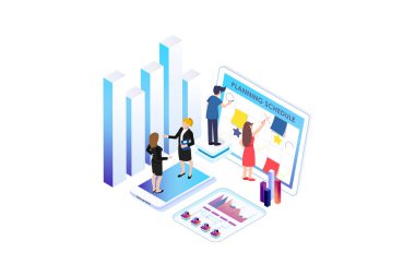 Isometric Activity People ofis konsepti tasarımında birlikte çalışıyor. Web afişi, bilgi grafikleri, kahraman resimleri için kullanılabilir. Düz izometrik illüstrasyon beyaz arkaplanda izole edildi.