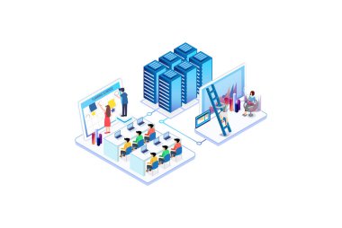 Isometric Activity People ofis konsepti tasarımında birlikte çalışıyor. Web afişi, bilgi grafikleri, kahraman resimleri için kullanılabilir. Düz izometrik illüstrasyon beyaz arkaplanda izole edildi.