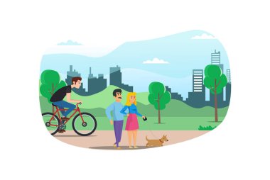 Parkta fiziksel aktivite yapan genç insanlar, koşuyorlar, bisiklete biniyorlar ve köpeği getiriyorlar, sağlıklı yaşam tarzı Diyagramlar, Bilgibilimler ve diğer grafikler için uygunlar.