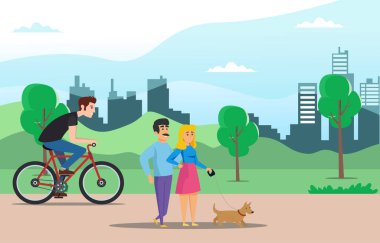 Parkta fiziksel aktivite yapan genç insanlar, koşuyorlar, bisiklete biniyorlar ve köpeği getiriyorlar, sağlıklı yaşam tarzı Diyagramlar, Bilgibilimler ve diğer grafikler için uygunlar.