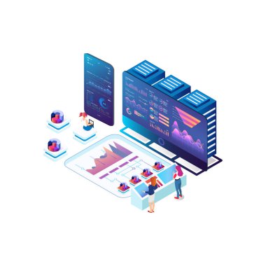Isometric Technology Veri Analizi İllüstrasyonu, Web Afişleri, Diyagramlar, Infographics, Kitap İllüstrasyonu, Oyun Varlığı ve Diğer Grafik İlgili Varlıklar İçin Uygun