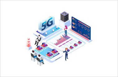 Veritabanı ile modern izometrik 5g internet hız teknolojisi, Diagramlar, Infographics, Oyun Varlıkları ve Diğer Grafiksel İlişkili Varlıklar için uygun online vektör illemesi