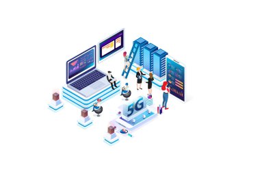 Veritabanı ile modern izometrik 5g internet hız teknolojisi, Diagramlar, Infographics, Oyun Varlıkları ve Diğer Grafiksel İlişkili Varlıklar için uygun online vektör illemesi