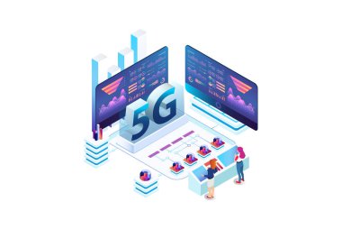 Veritabanı ile modern izometrik 5g internet hız teknolojisi, Diagramlar, Infographics, Oyun Varlıkları ve Diğer Grafiksel İlişkili Varlıklar için uygun online vektör illemesi