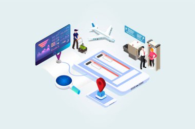 Modern Isometric Online bir uçak için bilet almak ya da rezervasyon yaptırmak. Dünyayı ve ülkeleri dolaşmak. Eğlence ve iş gezisi. Bilgi grafikleri için uygun vektör izometrik illüstrasyonuName