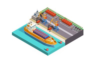 Konteynır gemisi, kamyon ve forkliftlere vinç yükleyen düşük poli kargo portunu temsil eden modern vektör izometrik simgesi veya bilgi simgesi