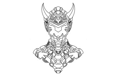 Siyah beyaz boynuzlu samuray miğferinin robot vücutlu el çizimi.