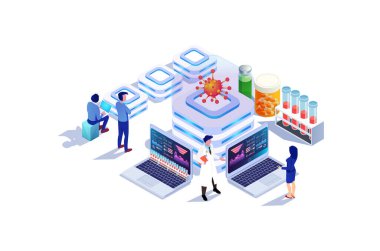 Isometric Modern Covid-19 Aşı Tıbbi Araştırma Çizimi, Web Sancağı, Diyagramlar, Bilgi Grafikleri, Kitap Resimleri, Oyun Varlıkları ve Diğer Grafik İlgili Varlıklar İçin Uygun