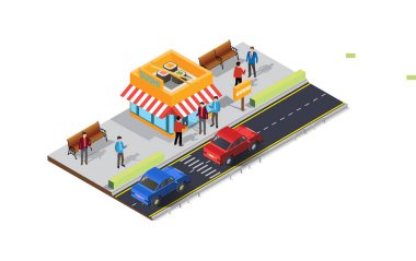 Kaldırımında kalabalık müşteriler olan Isometric Caddesi 'ndeki kafeterya çadırında. Diyagramlar, Bilgi Grafikleri ve Diğer Grafiksel Değerler İçin Uygun