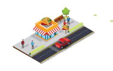 Kaldırımında kalabalık müşteriler olan Isometric Caddesi 'ndeki kafeterya çadırında. Diyagramlar, Bilgi Grafikleri ve Diğer Grafiksel Değerler İçin Uygun