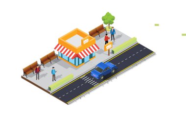 Kaldırımında kalabalık müşteriler olan Isometric Caddesi 'ndeki kafeterya çadırında. Diyagramlar, Bilgi Grafikleri ve Diğer Grafiksel Değerler İçin Uygun