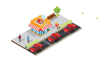 Kaldırımında kalabalık müşteriler olan Isometric Caddesi 'ndeki kafeterya çadırında. Diyagramlar, Bilgi Grafikleri ve Diğer Grafiksel Değerler İçin Uygun