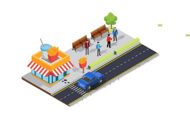 Kaldırımında kalabalık müşteriler olan Isometric Caddesi 'ndeki kafeterya çadırında. Diyagramlar, Bilgi Grafikleri ve Diğer Grafiksel Değerler İçin Uygun