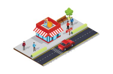 Kaldırımında kalabalık müşteriler olan Isometric Caddesi 'ndeki kafeterya çadırında. Diyagramlar, Bilgi Grafikleri ve Diğer Grafiksel Değerler İçin Uygun