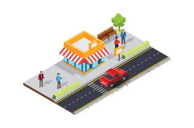 Kaldırımında kalabalık müşteriler olan Isometric Caddesi 'ndeki kafeterya çadırında. Diyagramlar, Bilgi Grafikleri ve Diğer Grafiksel Değerler İçin Uygun
