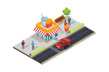Kaldırımında kalabalık müşteriler olan Isometric Caddesi 'ndeki kafeterya çadırında. Diyagramlar, Bilgi Grafikleri ve Diğer Grafiksel Değerler İçin Uygun