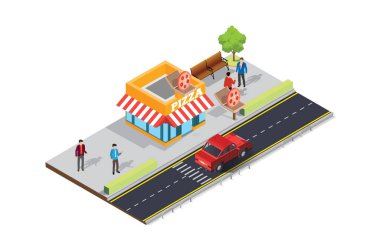 Kaldırımında kalabalık müşteriler olan Isometric Caddesi 'ndeki kafeterya çadırında. Diyagramlar, Bilgi Grafikleri ve Diğer Grafiksel Değerler İçin Uygun