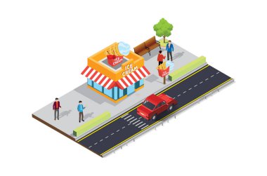 Kaldırımında kalabalık müşteriler olan Isometric Caddesi 'ndeki kafeterya çadırında. Diyagramlar, Bilgi Grafikleri ve Diğer Grafiksel Değerler İçin Uygun
