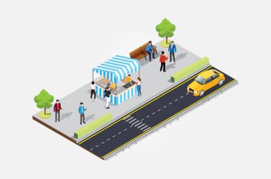 Kaldırımında kalabalık müşteriler olan Isometric Caddesi 'ndeki kafeterya çadırında. Diyagramlar, Bilgi Grafikleri ve Diğer Grafiksel Değerler İçin Uygun
