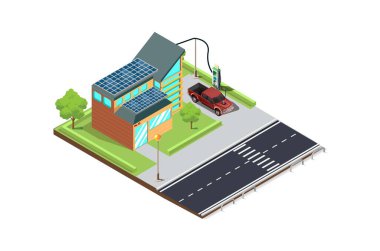Güneş panelleri, Diyagramlar, Bilgi Grafikleri ve Diğer Grafiklerle İlgili Varlıklar kullanılarak evde elektrikli araba aküsünün şarj edilmesinin Isometric çizimi