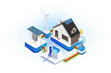 Yenilenebilir enerjili güneş panelleri kullanan bir evin modern izometrik çizimi. Diyagramlar, Oyun Varlığı ve Diğer Değerler İçin Uygun