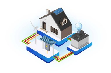 Yenilenebilir enerjili güneş panelleri kullanan bir evin modern izometrik çizimi. Diyagramlar, Oyun Varlığı ve Diğer Değerler İçin Uygun