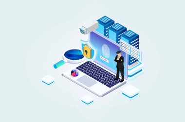 Modern Isometric Online yöneticisi, web sunucu konsepti. Teknisyen tamir yazılımı. Donanım koruma paylaşım bilgileri. Güvenli sunucu depola. Diyagramlar, Oyun Varlığı ve Diğer Değerler İçin Uygun