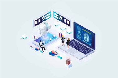 Modern Isometric yapay zeka robot öğrenme illüstrasyonu, Web Sancağı, Diyagramlar, Bilgi Grafikleri, Kitap Çizimleri, Oyun Varlıkları ve Diğer Grafik İlgili Varlıklar İçin Uygun