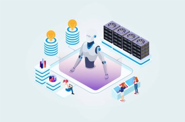Modern Isometric yapay zeka robot öğrenme illüstrasyonu, Web Sancağı, Diyagramlar, Bilgi Grafikleri, Kitap Çizimleri, Oyun Varlıkları ve Diğer Grafik İlgili Varlıklar İçin Uygun