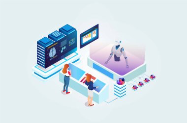 Modern Isometric yapay zeka robot öğrenme illüstrasyonu, Web Sancağı, Diyagramlar, Bilgi Grafikleri, Kitap Çizimleri, Oyun Varlıkları ve Diğer Grafik İlgili Varlıklar İçin Uygun