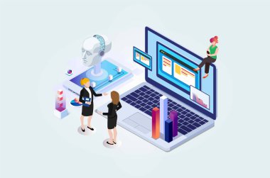 Modern Isometric yapay zeka robot öğrenme illüstrasyonu, Web Sancağı, Diyagramlar, Bilgi Grafikleri, Kitap Çizimleri, Oyun Varlıkları ve Diğer Grafik İlgili Varlıklar İçin Uygun