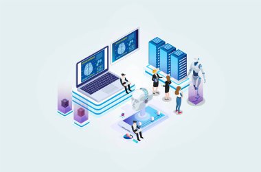 Modern Isometric yapay zeka robot öğrenme illüstrasyonu, Web Sancağı, Diyagramlar, Bilgi Grafikleri, Kitap Çizimleri, Oyun Varlıkları ve Diğer Grafik İlgili Varlıklar İçin Uygun