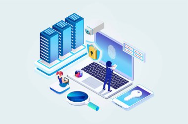 Modern Isometric Online yöneticisi, web sunucu konsepti. Teknisyen tamir yazılımı. Donanım koruma paylaşım bilgileri. Güvenli sunucu depola. Diyagramlar, Oyun Varlığı ve Diğer Değerler İçin Uygun