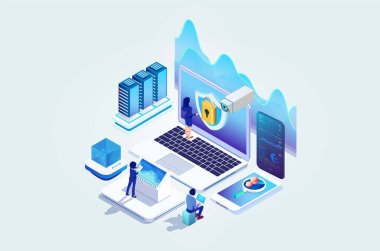 Modern Isometric Online yöneticisi, web sunucu konsepti. Teknisyen tamir yazılımı. Donanım koruma paylaşım bilgileri. Güvenli sunucu depola. Diyagramlar, Oyun Varlığı ve Diğer Değerler İçin Uygun