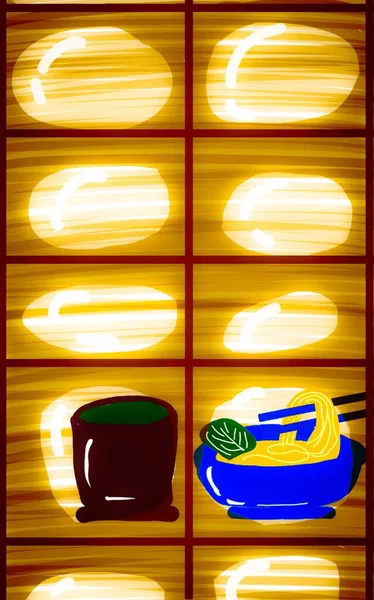 Wwindow Eating Лапши Питьевой Зеленый Чай Светом Углу Окна Столовой — стоковое фото