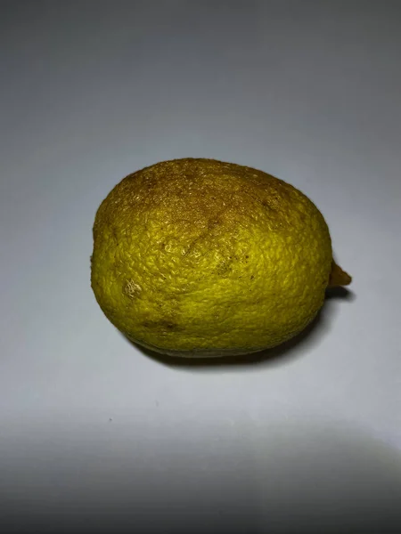 Bad food trend. Spoiled lemon with wrinkled and dry skin with fungus on an isolated white background.