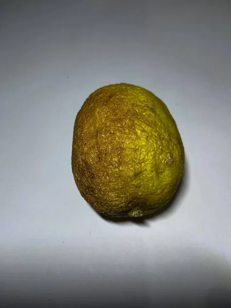 Bad food trend. Spoiled lemon with wrinkled and dry skin with fungus on an isolated white background.