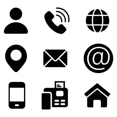 Kartvizit simgesi satır biçiminde ayarlandı. İletişim bilgileri, Ev, Telefon, Konum, Adres, Web sitesi, posta, faks, uygulamalar ve web siteleri için kullanıcı simgesi işareti, vektör illüstrasyonu. eps 1
