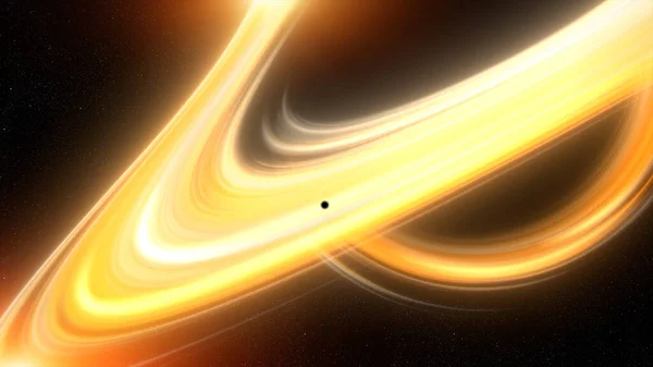 激しい重力の渦は 光が曲がり ブラックホールの神秘的で畏敬の念を抱く力によって発生するイベントの地平線の周りに広がる視覚的な歪みを作り出します — ストック写真
