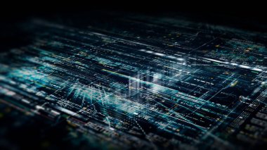 Geleceksel veri matrisi, uzaktan ölçüm ve sayıların simülasyon simülasyonu görüntüsü siber uzayın soyut odak kaybından arındırma ortamı arka planında